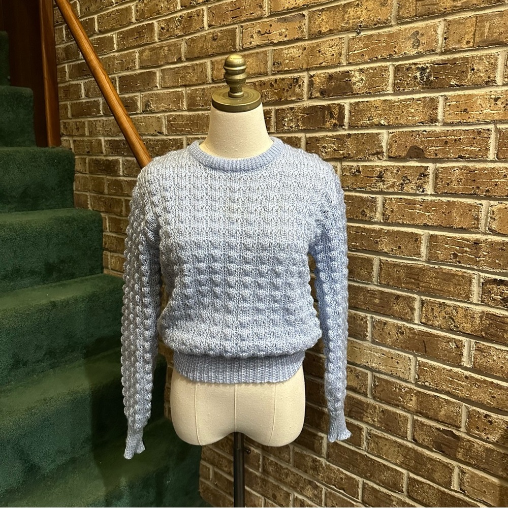 VTG 70s Light Blue Chunky Knit Popcorn Crewneck Sweater
